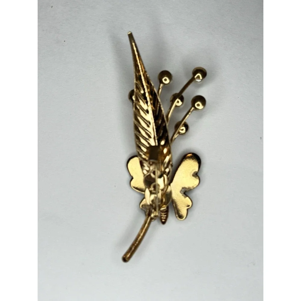 Vintage Butterfly Floral Spray Brooch Faux Pearl Glitter Enamel Gold Tone Pin